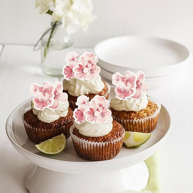 60 Pack Edible Cherry Blossom Cupcake Toppers Cherry Flowers Cake Toppers Rice Paper Wafer Paper Cake Picks for Cherry Blossom Bridal Shower Baby Shower Kids Birthday Cake Decorations Color 1