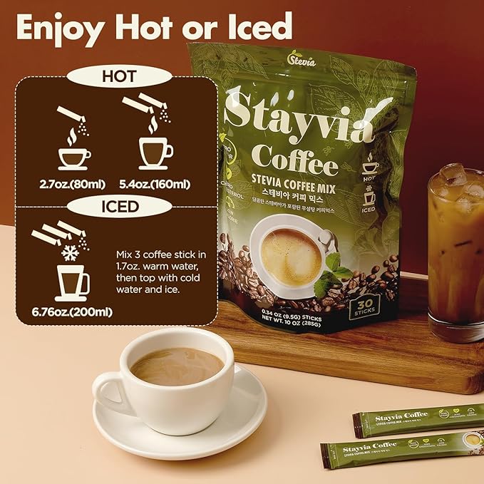 STAYVIA COFFEE Stevia Instant Coffee Packets - Korean Instant Latte with Sugar-Free & Low Calories - 60 Sticks (0.33oz) - Plant-Based Sweetener - Enjoy Caffeine Hot & Cold at Office, Home & Travel