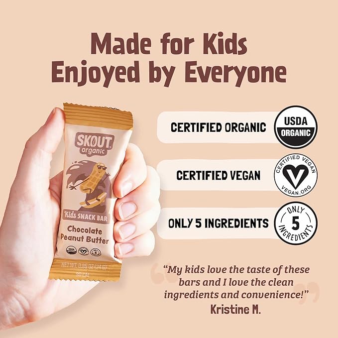 Skout Organic Chocolate Peanut Butter Kids Snack Bars (18 Pack) | Organic Kids Snack Bars | School Snacks & Lunch Snacks | No Refined Sugar | Vegan & Paleo | Gluten, Dairy, Grain Free