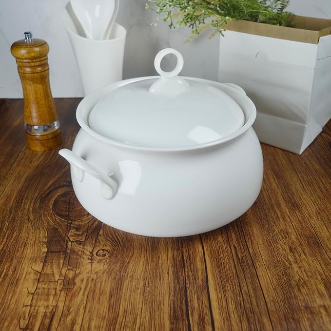 Ceramic Serving Soup Tureen Bowls with Lid and soup spoon, 2.4 QT White French Serving Tureen, Lovely Soup Pot for Casserole dish Salad Pasta Noodles Stew, Microwave Dishwasher Safe