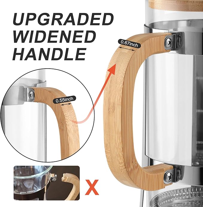 Sivaphe 34 oz French Press Coffee/Tea Maker with Bamboo Lid and Hand Stainless Steel High Borosilicate Glass 1000ml Coffee Brewer Set