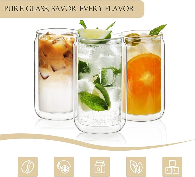 LIBWYS 13.5oz 4pcs Double Wall Glass Cups with Bamboo Lids and Straws - Condensation Resistant Insulated Drinking Glasses for Cold Beverages, Iced Coffee, Tea, Juice, Clear Borosilicate Glass Tumbler