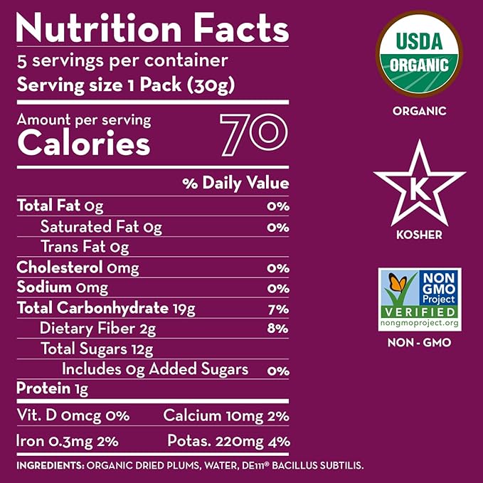 Sunny Fruit Organic Probiotic Pitted Prunes - 6 Bags (30 Individual Portion Packs) | No Preservatives, No Sugar Added | Dried Plums Snack Packs with Live Probiotics | ORGANIC, NON-GMO, KOSHER, HALAL