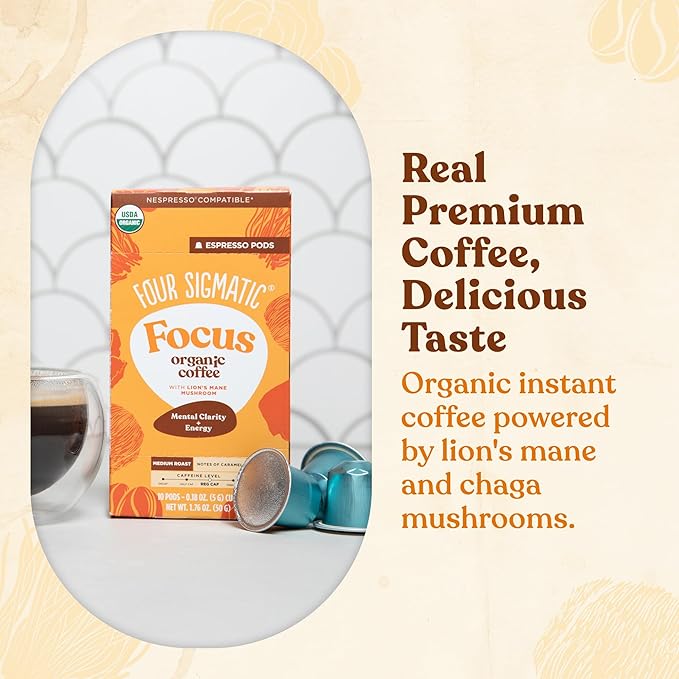 Four Sigmatic Focus Coffee Pods Compatible with Nespresso Original | Organic Medium Roast Espresso with Added Focus | Mushroom Coffee Enhanced with Lion's Mane | Medium Roast 10ct