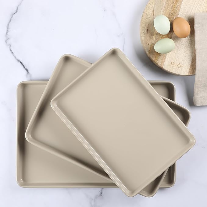 Martha Stewart Gallen 3-Piece Cookie Sheet Set ??13", 15", 17" Baking Pans, Ceramic Nonstick, PFA-Free, Carbon Steel ??Oven Safe to 450°F, Warp-Resistant, Easy to Clean - Taupe