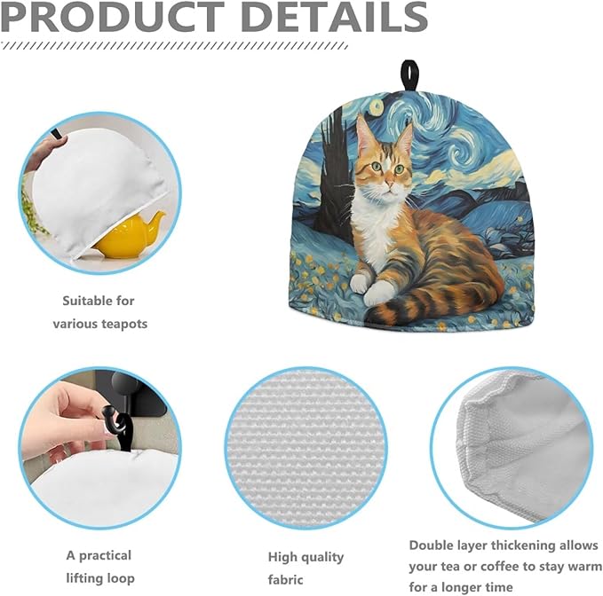 Cute Cat Tea Cozy for Teapot,Starry Night Oil Paint Tea Cosy with Handle Hanging Teapot Dust Cover Novelty Kitchen Kettle Dust Cover Tea Pot Cover for Home Decoration竊뉰lue竊?,<div>