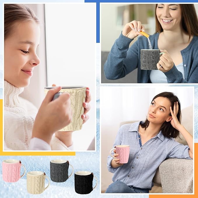 Skyley 4 Pcs Mug Cozy Set, Wool Yarn Reusable Knitted Coffee Sleeves for Hot Drinks, 18 x 9 cm, Fresh Color, Insulated, Hand Wash Only, 4 Units in Package