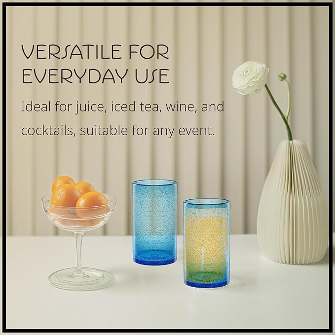 Artland 17oz Highball Tumbler, Set of 4 | Iris Seeded Design, Turquoise | Drinking Glass for Parties and Everyday Use - Mojito, Whiskey, Cocktail | Glassware & Kitchenware Essentials