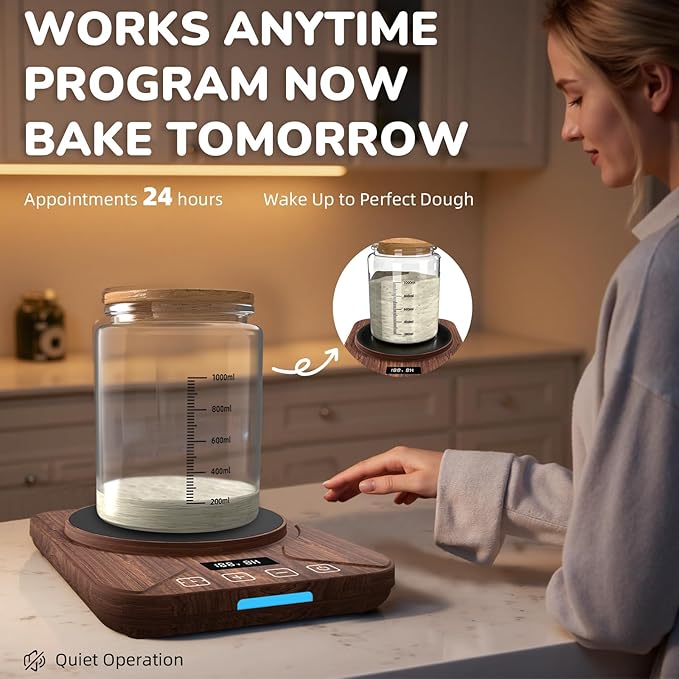 Sourdough Starter Warmer Mat - 24H Timer - Precise 1°F Thermostat Control (70-100°F) - Smart Memory Warming On/Off - Fits Jars Up to 40oz - Perfect for Home Baking (Brown)