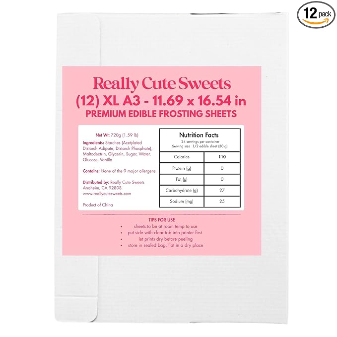 A3 XL Edible Frosting Sheets for Wide Format Edible Printers by Really Cute Sweets - 12-Pack Premium Sugar Paper for Cake, Cookies, and Photo Decoration - White, Big Edible Icing Sheets 11.7 x 16.5"