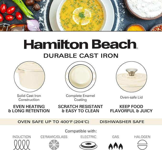 Hamilton Beach 3-Quart Enameled Cast Iron Dutch Oven Pot with Lid, Cream