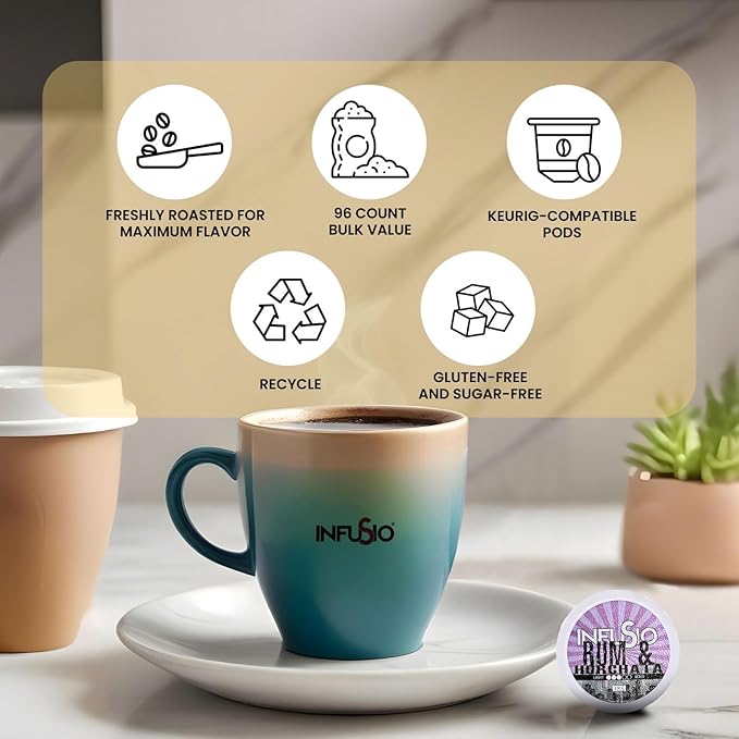 InfuSio Coffee Pods 96 Count Rum & Horchata Flavored Medium Roast Single serve Coffee pods for Keurig K Cups Brewers - InfuSio Premium Roasted Keurig 2.0 Compatible