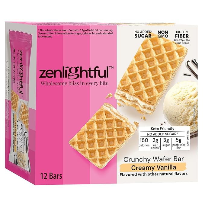 Zenlightful Creamy Vanilla Keto Bars, Low Carb (2 net carbs), Low Sugar (3g), High Fiber, Non-GMO, Vegetarian, Healthy Snacks, Delicious Crunchy Wafer Cookies with Decadent Creamy Filling, 12 Count