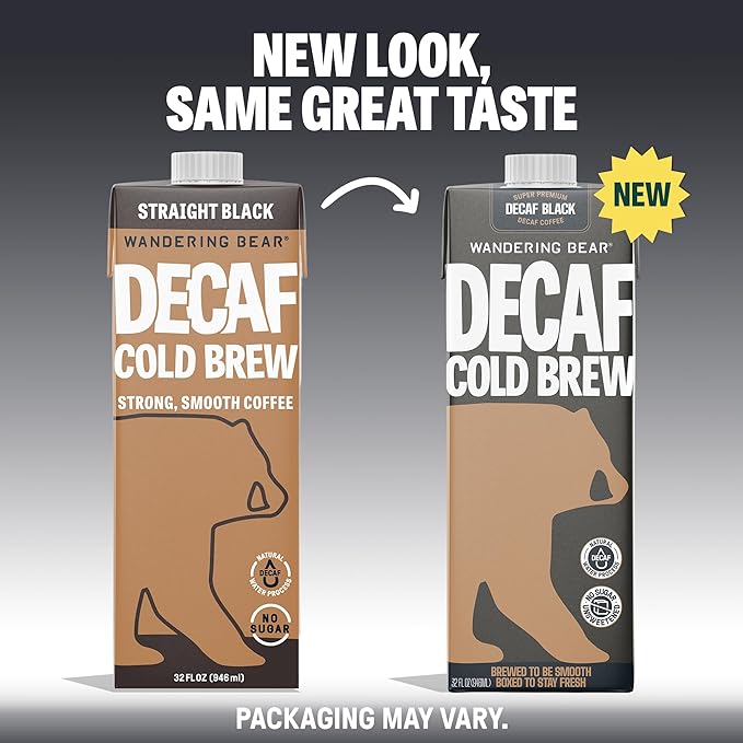 Wandering Bear Decaf Cold Brew Coffee, 32 fl oz, 6 pack - Extra Strong, Bold, Smooth, Unsweetened, Shelf-Stable, Ready to Drink, Iced Cold Brewed Coffee Drinks - Gluten Free & Vegan Decaf