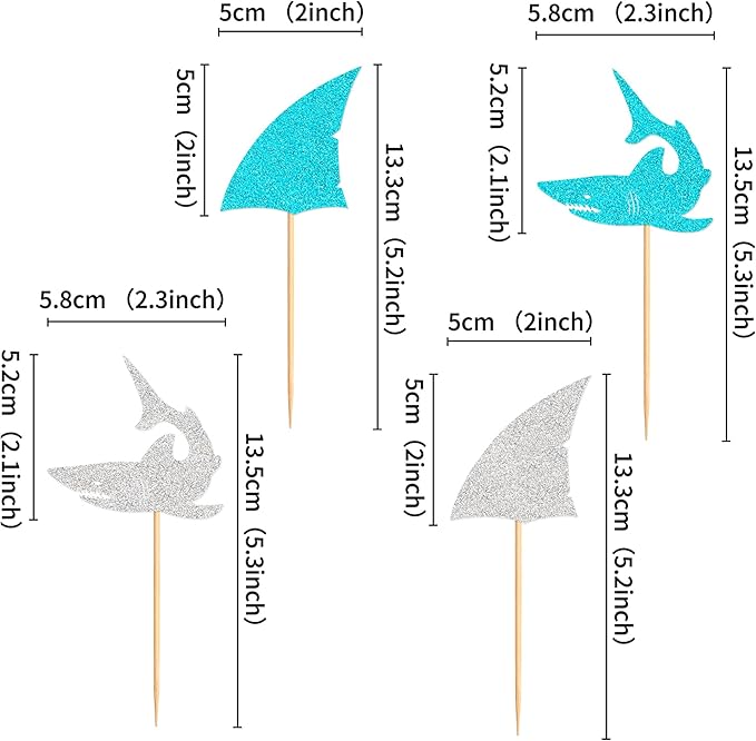 24 PCS Glitter Shark Cupcake Toppers Ocean Themed Party Shark Cake Decor Baby Shower Birthday Party Decorations
