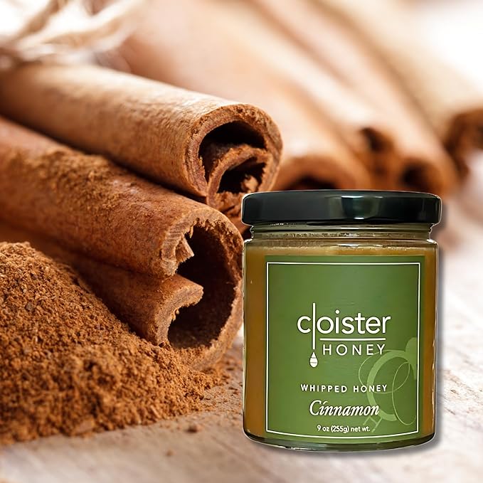 Cloister Honey Whipped Honey - Cinnamon (9 oz) | Hand Crafted | Raw Artisan Honey | 100% Pure, Raw & Unfiltered | All Natural | Made in USA |