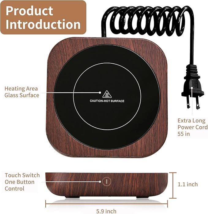Coffee Mug Warmer with Auto Shut Off, 3 Temperature Settings, Brown Wood Grain Design, Electric Beverage Heater with Borosilicate Glass Panel, 54-Inch Cord, Fits Mugs, Teapots, and Cups