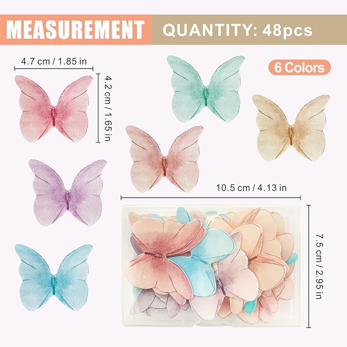 48pcs Edible Butterflies for Cake Decorating, Wafer Paper Butterfly Cake Decorations, Edible Cake Decorations(6 Colors)