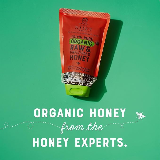 Nature Nate's 100% Pure USDA Organic Raw & Unfiltered Honey, Two 14 oz. No-Drip Sustainable Squeeze Pouches; Purity Guarantee, No Additives