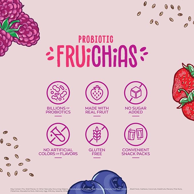 Nature's Garden Probiotic Fruichias Variety Pack - 24 Pack x 1oz, Probiotic Fruit Snack with Chia Seeds, Strawberry, Blueberry, Raspberry , No Sugar Added, Made with Real Fruit, Dye-Free, Non-GMO, Gluten-Free, Healthy Snacks for Kids Snacks