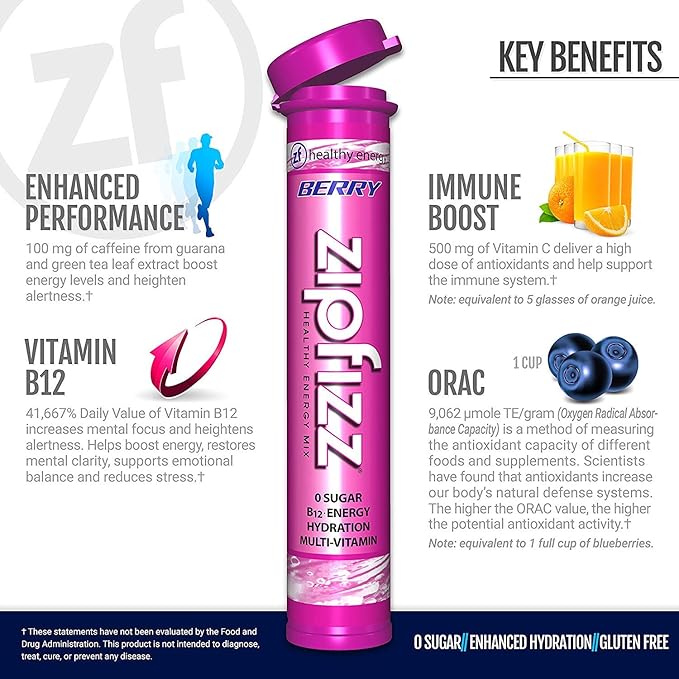 Zipfizz Daily Energy Drink Powder, Berry, 12 Pack | 3-in-1 Sustained Energy, Rapid Hydration, and