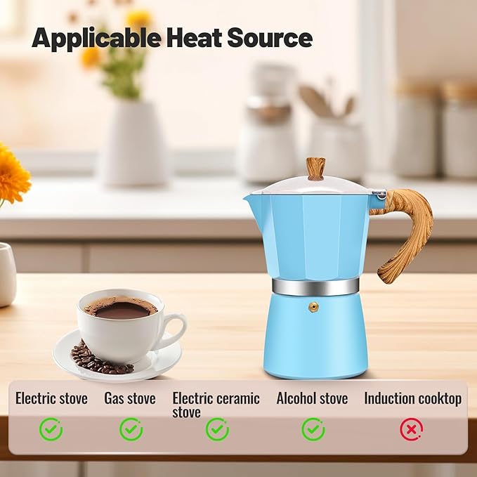 6 Cup Aluminum Moka Pot Classic Stovetop Espresso Coffee Maker 300ml 10oz Coffeemaker Percolator Mocha Pot Greca Coffee Maker Cafe Makers for Italian and Cuban Cafì±?Brewing Blue
