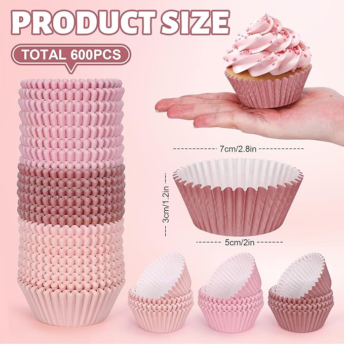 Whaline 600Pcs Dusty Pink Cupcake Liners Dusty Pink Gradient Color Baking Cups Holders Dusty Rose Cupcake Wrappers Muffin Liners for Baby Shower Bridal Shower Wedding Party Supplies