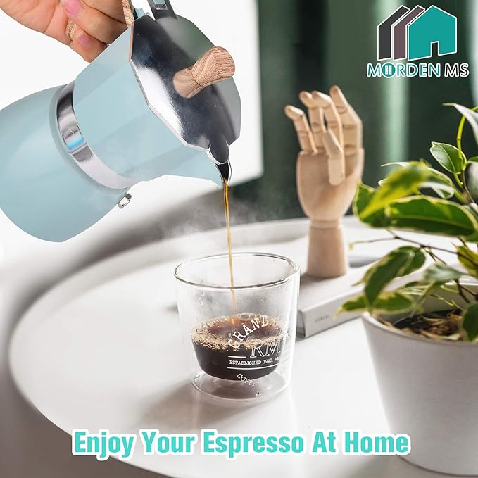 MORDEN MS Moka Pot, Stovetop Espresso Maker 6 Cup/10 OZ Italian Coffee Maker Camping Coffee Pot Manual Cuban Coffee Percolator for Cappuccino or Latte - Blue
