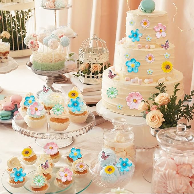 Morofme 55pcs Edible Flower Butterflies Cake Topper Wafer Paper Flower Cupcake Toppers Hawaiian Flower Cake Decorations Mixed Size for Tropical Luau Themed Birthday Baby Shower Party Supplies