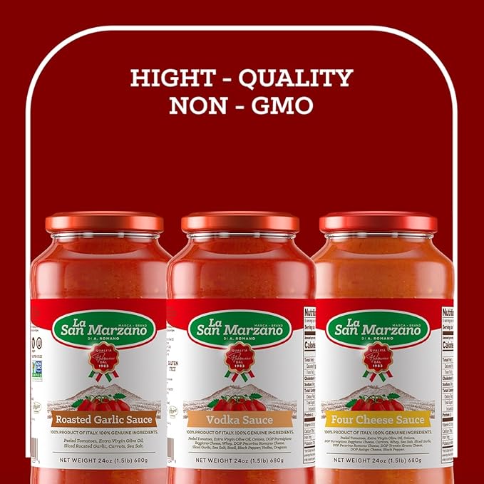 La San Marzano Variety Pack, Vodka, Four Cheese, Roasted Garlic Sauce, 24 oz, Pasta Sauce Made in Italy, All Purpose Tomato Premium Quality, All Natural, Non GMO, Gluten Free