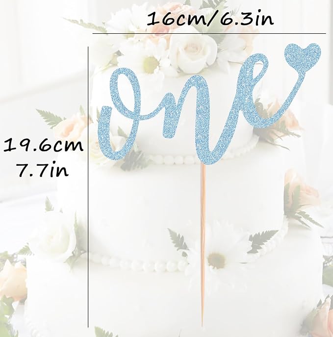 First Birthday Cake Topper - Light Blue Glitter Love One Birthday Cake Decorating Supplies, Perfect for Baby Shower/Gender Revealing Party/Baby Party Photo Booth Props