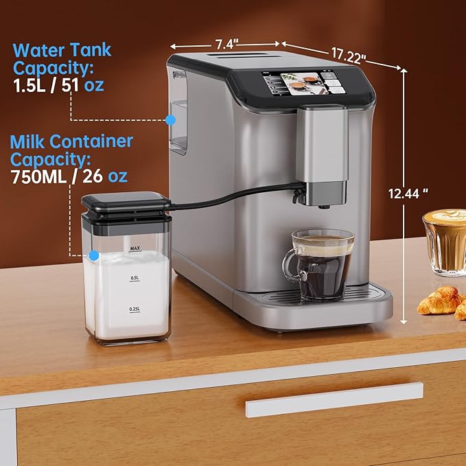 Super Automatic Espresso Machine 20 Bar with Grinder, One Touch Recipes & Automatic Milk Frother, 1350W Compact Bean to Cup Coffee Maker with TFT Touchscreen for Home Barista, Silver & Black