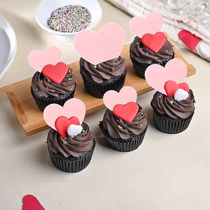 60 Pack Edible Heart Cake Topper Love Heart Cupcake Picks Water Paper Valentine's Day Theme Cake Decorations for Wedding Engagement Bridal Shower Birthday Party Supplies Pink