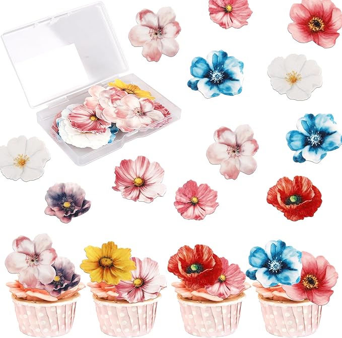 54 PCS Edible Flowers Cake Toppers Wafer Paper Flower Cupcake Toppers Hawaiian Edible Flowers Cake Decorations Mixed Size for Tropical Luau Themed Birthday Baby Shower Party Food Decor Supplies