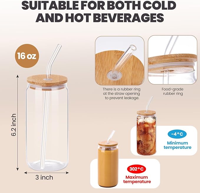 YUNCANG 6 Pack Bamboo Lid Glass Drinking Glasses with Glass Straw - 16-ounce Can Shaped Glassware for Beer, Iced Coffee, Cocktails, Whiskey, and More, Perfect for Cocktails, Whiskey, and Gifting