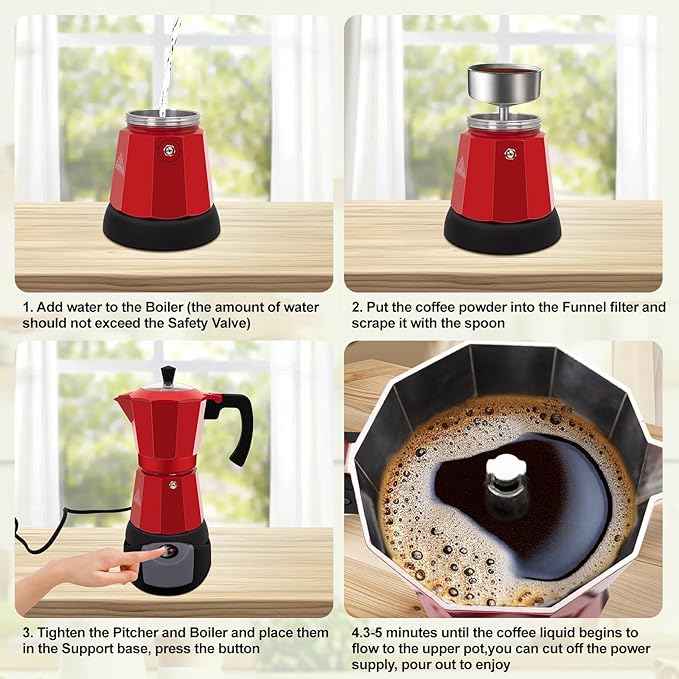 Electric Aluminum Moka Pot 5-6 Cup 270ml Espresso Maker with Detachable Base Ideal Coffee Makers for Home MochaPot Italian and Cuban Cafì±?Coffeemaker Espressomaker CoffeePot Red