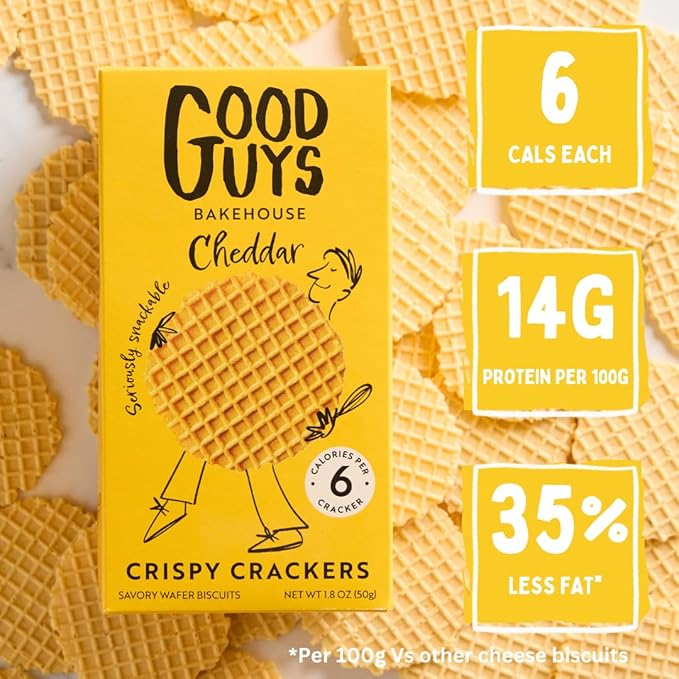 NEW! Good Guys Cheddar Crackers | Low Calorie Snacks |Tasty, Crispy, Healthy Cheese Crackers | 39 Biscuits Per Pack. Non-GMO | 8 Packs