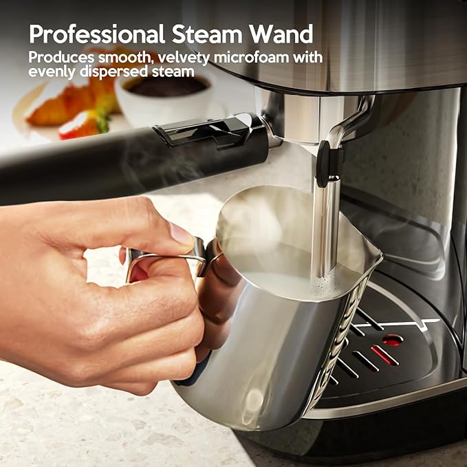 20 Bar Espresso Machine Semi-Automatic, Professional Coffee Maker with Milk Frother Steam Wand & 45OZ Removable Water Tank, Home Barista System for Cappuccino, Latte, Americano-Stainless Steel