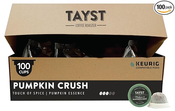 Tayst Coffee Pods, Pumpkin Crush Medium Roast, K Cups Compatible with Keurig Coffee Maker, Sustainable Single Serve, Pack of 100
