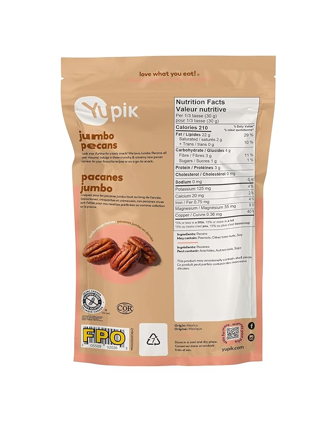 Yupik Jumbo Pecan Halves, 5.8 Oz, Gluten-Free, Kosher, Raw Nuts, Shelled, Unsalted, Unroasted, Healthy Snacks, Source of Fiber & Copper