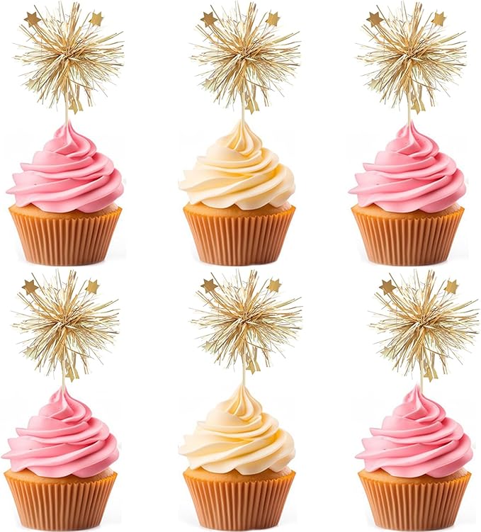30 PCS Foil Firework Cupcake Toppers Sparkle Tinsel Cake Toppers Cake Decoration Drink Stirrers Cocktail Food Fruit Toothpicks for Birthday Wedding Graduation Party