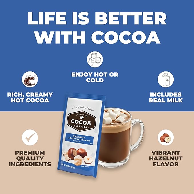 Cocoa Classics Hazelnut Cocoa Mix, Hot Chocolate, Made with Nonfat Milk, Just Add Hot Water, Make Hot or Iced Cocoa, Gluten Free & Kosher Dairy Friendly, 1.25oz Packets (Pack of 36)