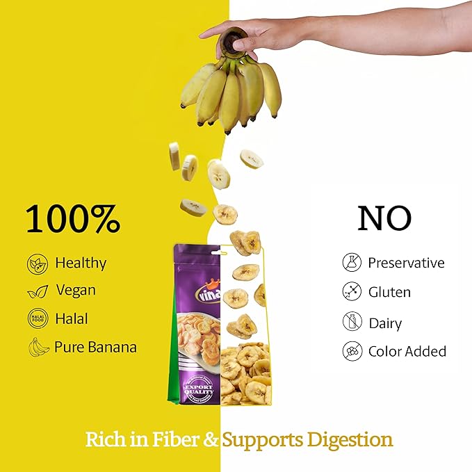 Vinamit Dried Banana Chips | Unsweetened Banana Chips | 8.8 oz Bag | Naturally Sweet, Non-GMO, Gluten-Free & No Added Sugar | Rich in Potassium | Ideal for Travel, Healthy Snacking
