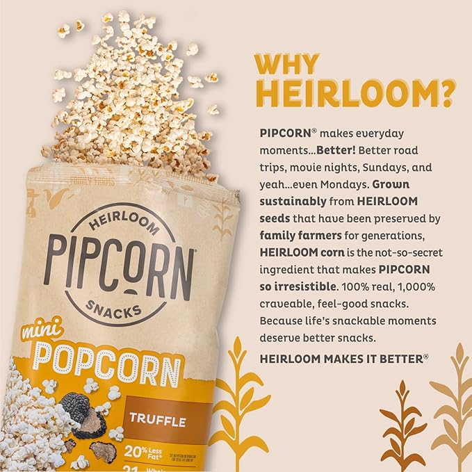 Heirloom Truffle Mini Popcorn by Pipcorn - 1oz 24pk - Healthy Snacks, Gluten Free Snacks, Snack Packs, Heirloom Corn, Black Truffle