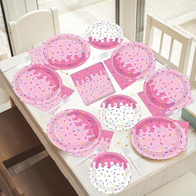 96Pcs Pink Donut Confetti Party Plates and Napkins Themed Decorations Summer Pink Donut Dessert Plates Donuts Tableware Set for 24 Guests Grow Up Themed Baby Shower Party Favors Supplies