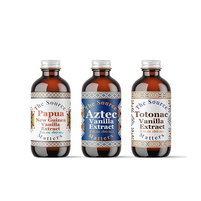 Vanilla Extract Trio Gift Box by The Source Matters | Totonac, Aztec & Papua New Guinea Vanilla | 3 Unique Flavors | Perfect Gift for Bakers, Chefs & Culinary Enthusiasts (3 x 2 oz Bottles)