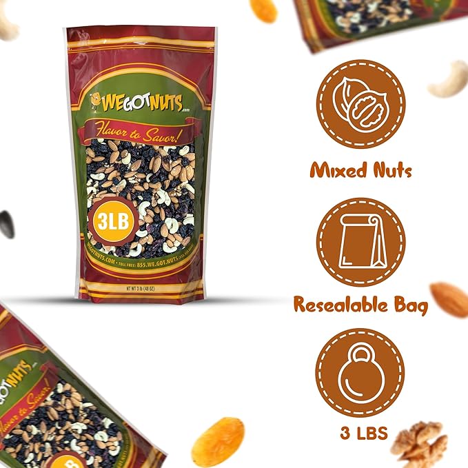 We Got Nuts Trail Mix Premium Blend with Almonds, Cashews, Cranberries, Raisins,Filberts and Walnuts Kosher Certified 3 lb Resealable Bag