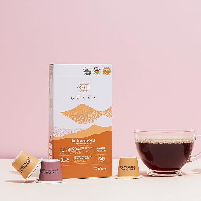 G GRANA Coffee Pods, Compatible with Nespresso OriginalLine, 20 Pack, Dark Roast, USDA Organic 100% Arabica Single Source Specialty-Coffee, Compostable Single Serve Capsules, La Hermosa