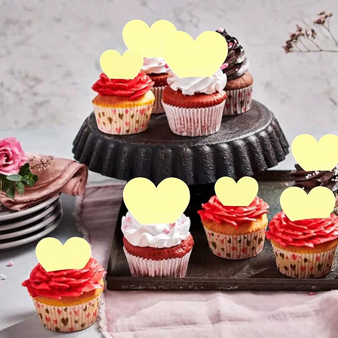 60 Pack Edible Heart Cake Topper Love Heart Cupcake Picks Water Paper Valentine's Day Theme Cake Decorations for Wedding Engagement Bridal Shower Birthday Party Supplies Yellow 2