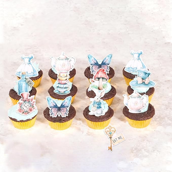 60 PCS Edible Alice in Wonderland Cupcake Toppers Tea Party Cake Decorations Edible Butterfly Flower Bowl Key Clock Eat Me Cupcake Picks for Tea Party Baby Shower Birthday Party Decorations Supplies